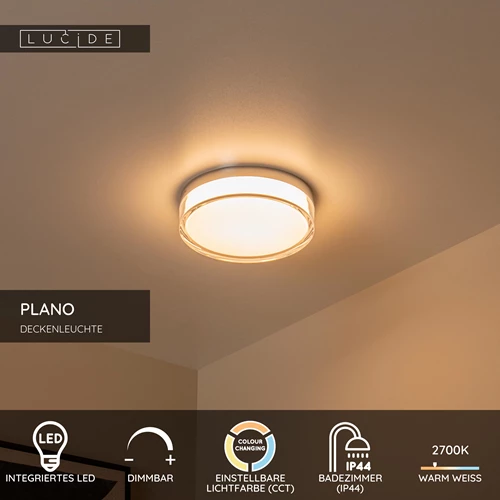 Lucide PLANO - Deckenleuchte Badezimmer - Ø 23 cm - LED Dim. - CCT - 1x11W 2700K/4000K - IP44 - Opal - USP